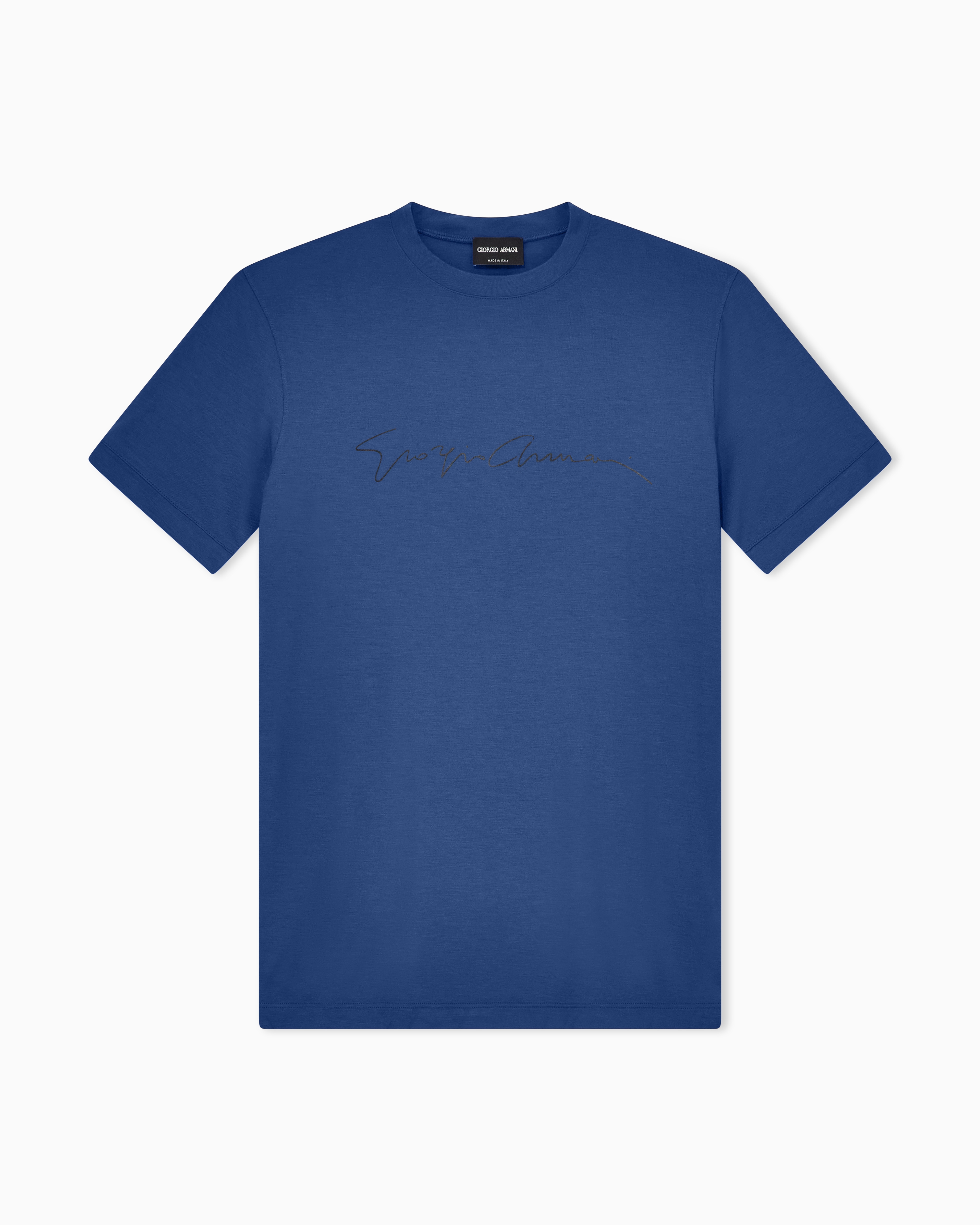 Giorgio Armani Men's Blue Stretch T-Shirt In Viscose With Crew Neck And Logo