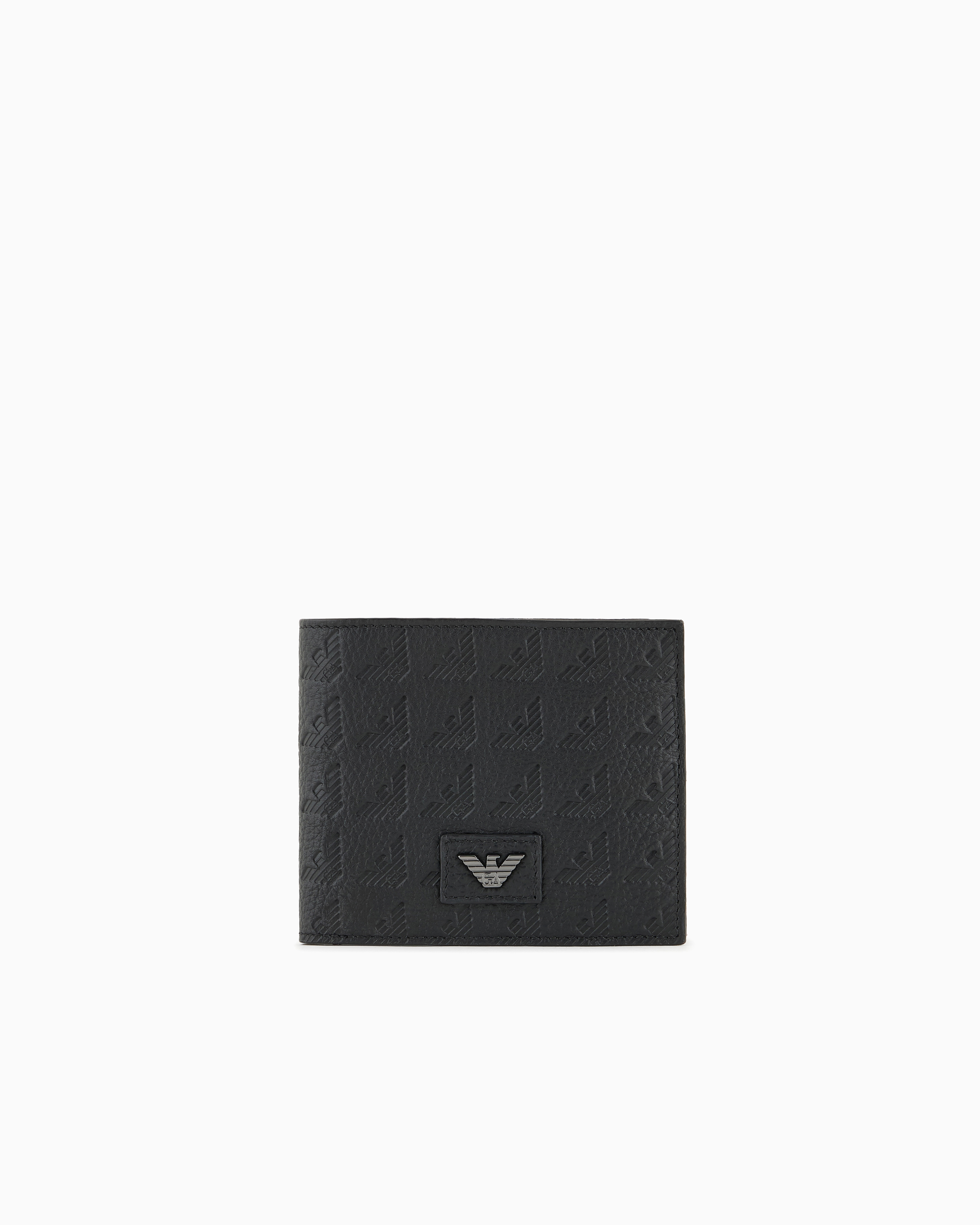 Emporio Armani Black Leather Coin-Pocket Wallet With All-Over Embossed Eagle