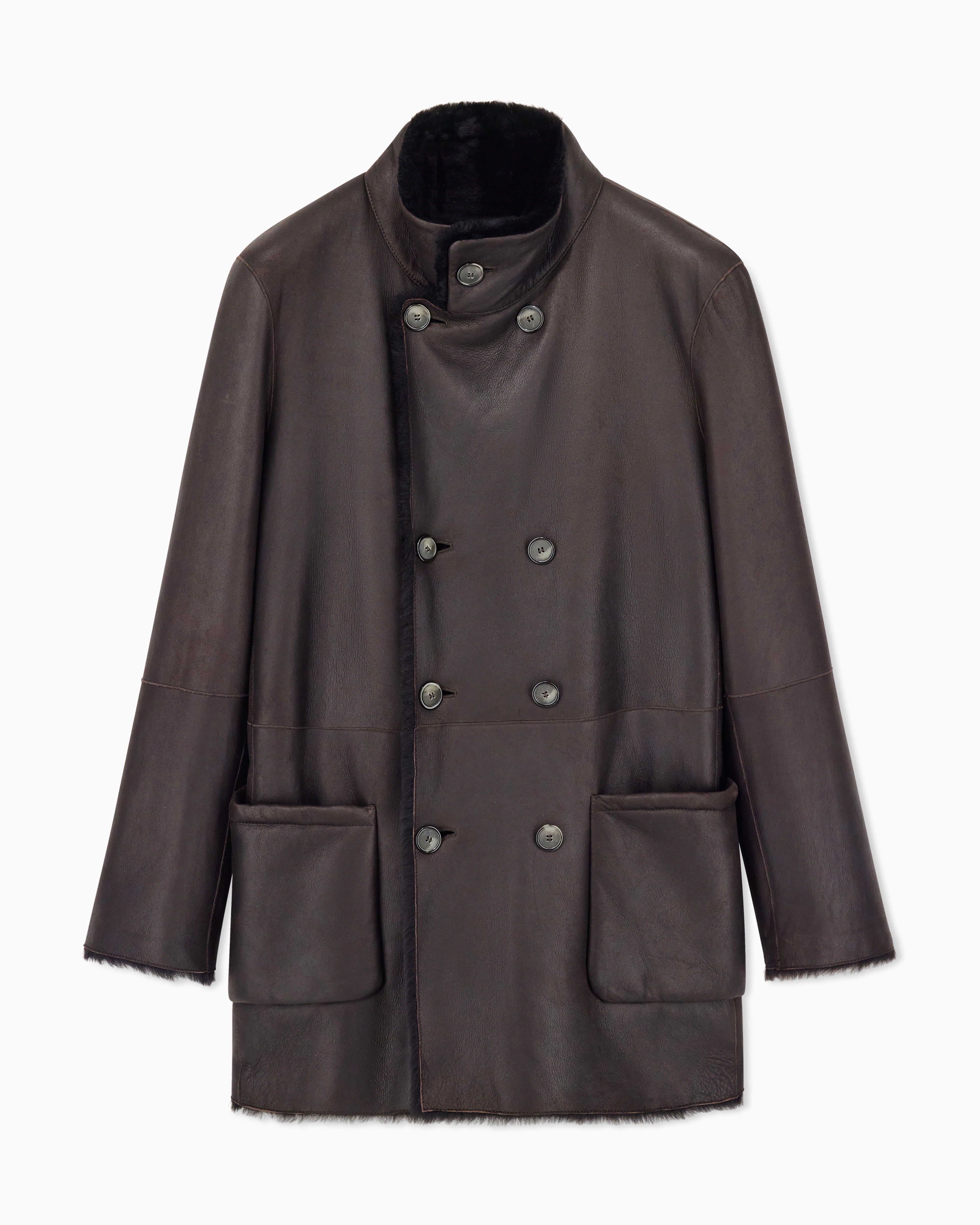 Giorgio Armani Brown Reversible, Double-Breasted Sheepskin Pea Coat