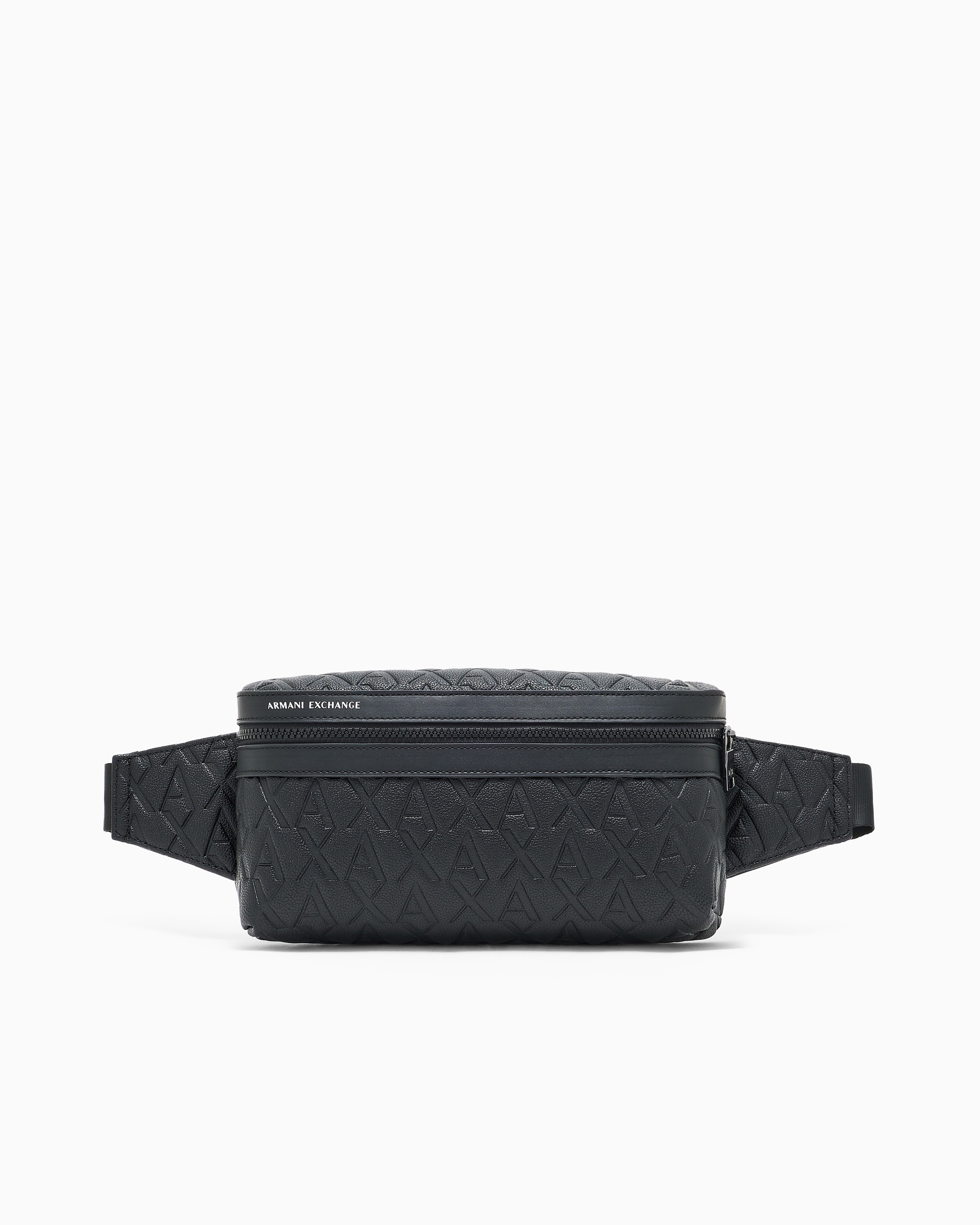 Armani Exchange Black Leather Belt Bag With Embossed Logo And Zip Closure