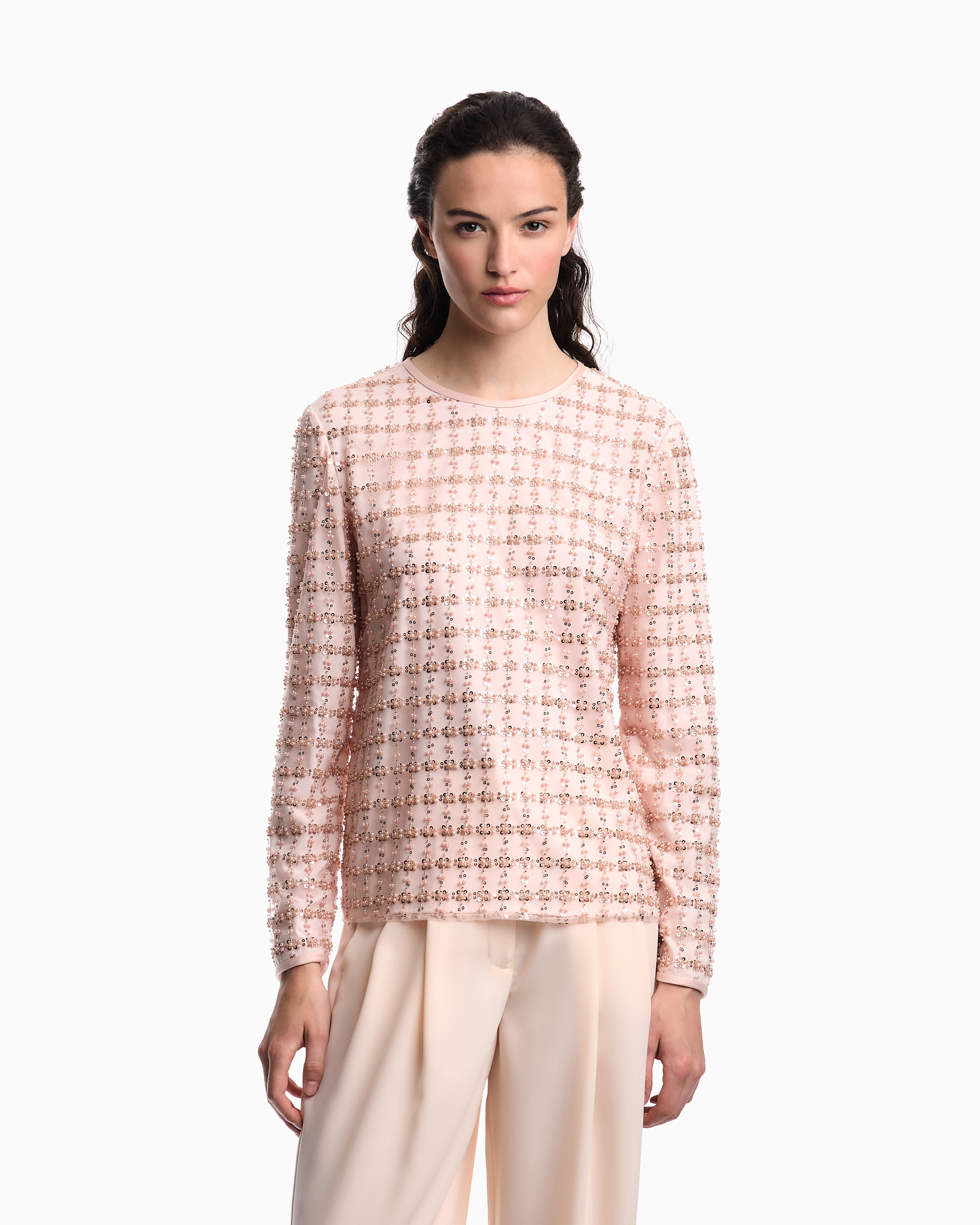 Emporio Armani Tulle Top With Sequin And Bead Embroidery In Pink