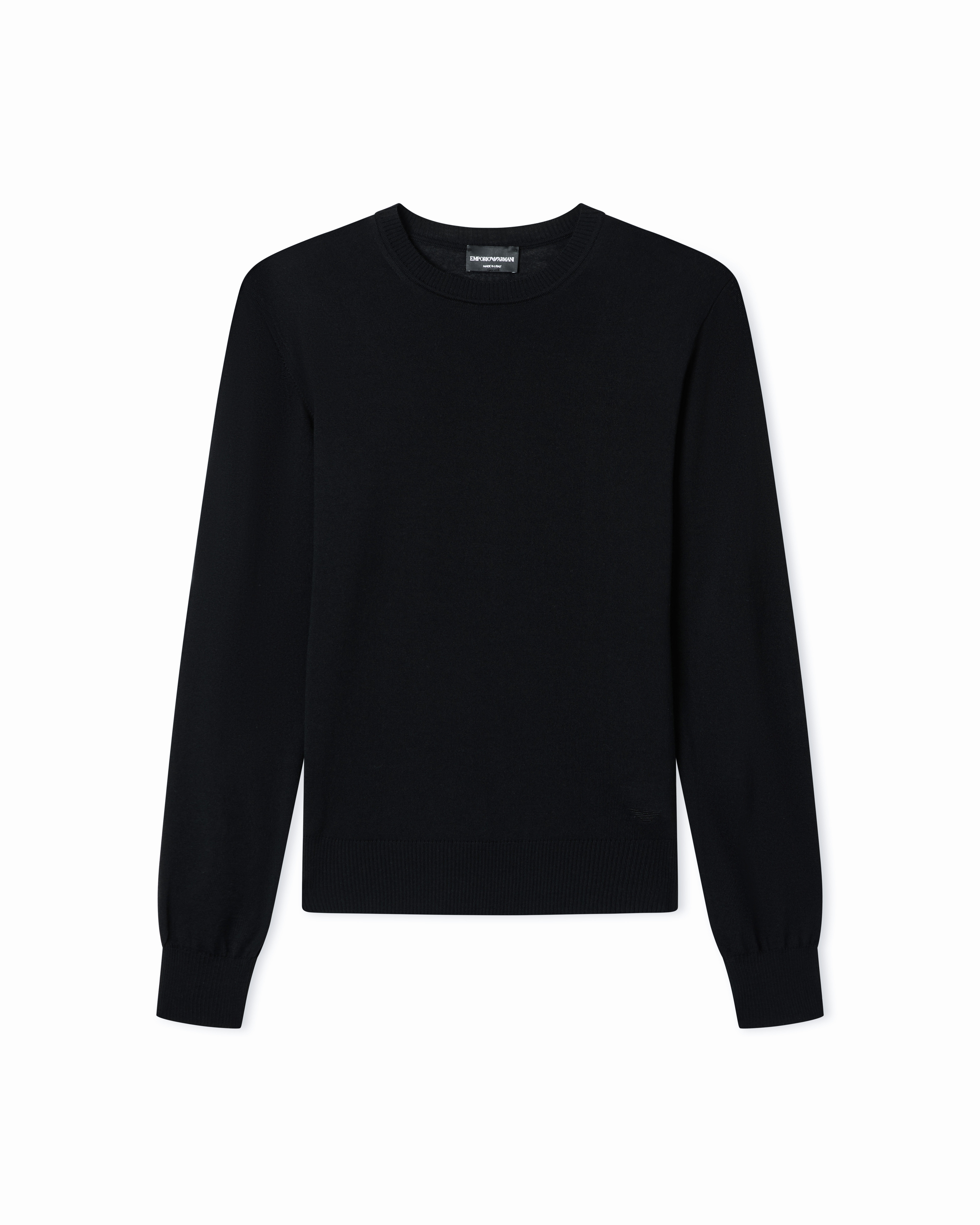 Emporio Armani Black Pullover Essential In Virgin Wool With Ribbed Trims