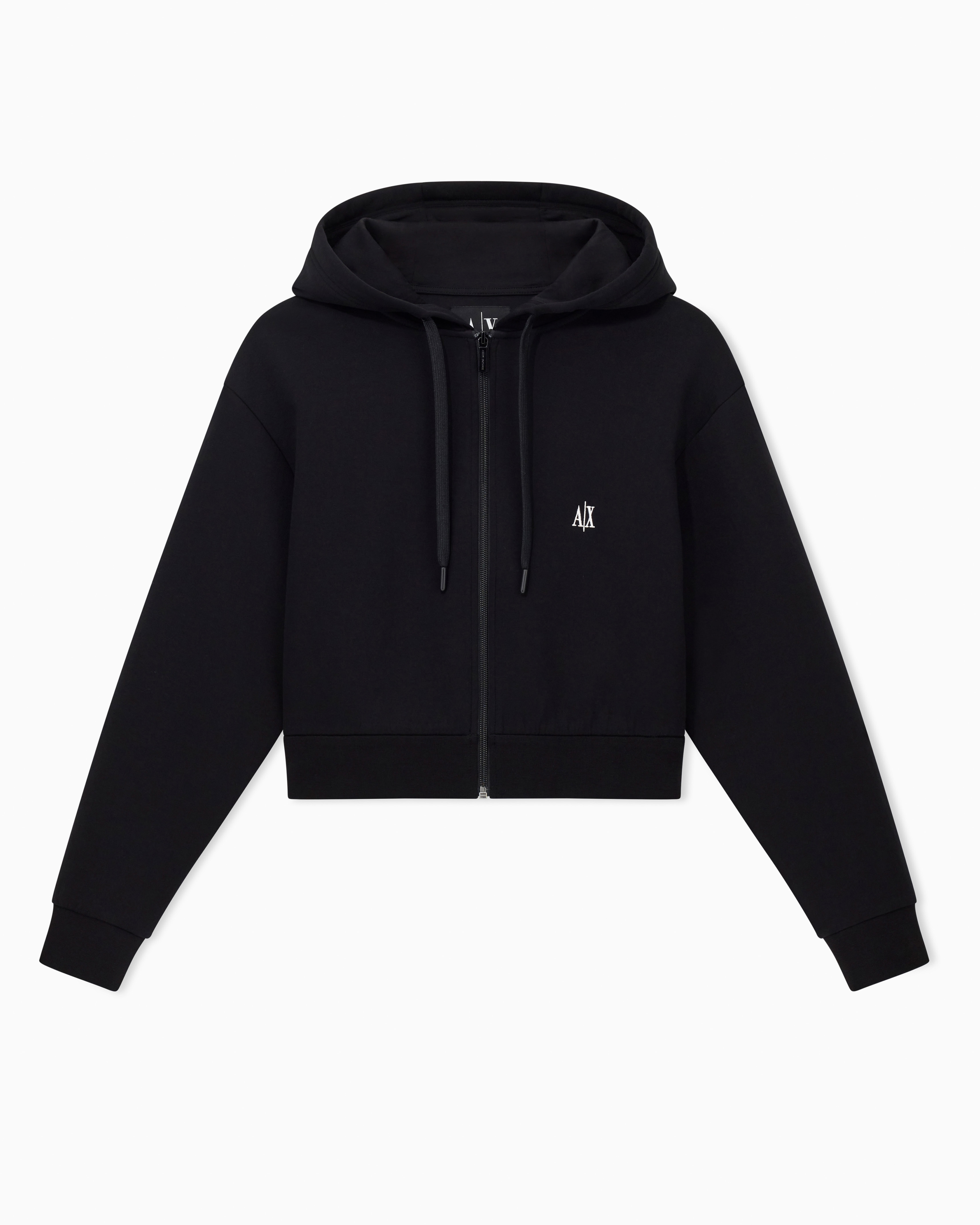 Armani Exchange Women's Black Stretch Sweatshirt With Hood And Zip Icon Embroidery