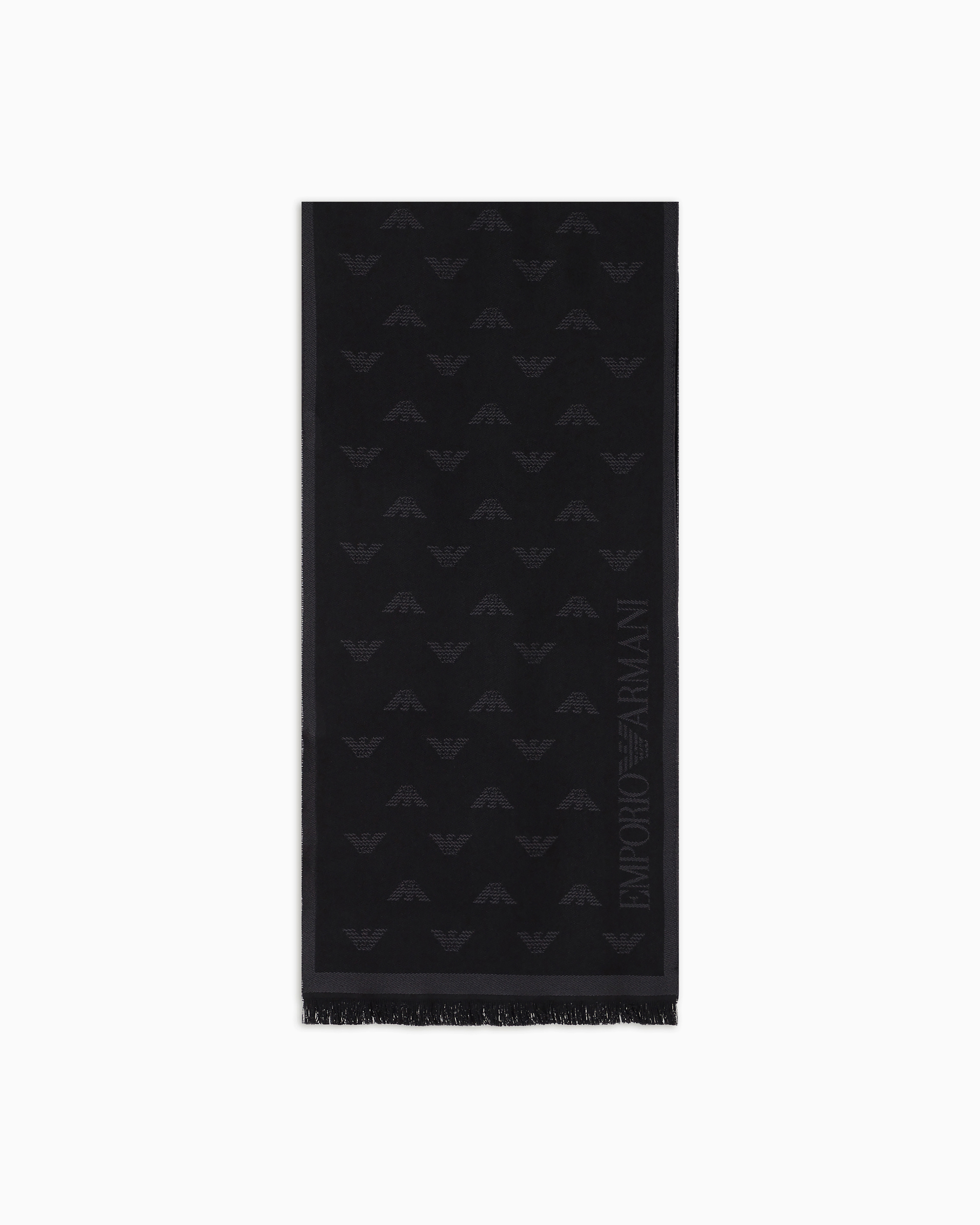 Emporio Armani Black Jacquard Scarf In Wool With An Eagle And Fringes Essential