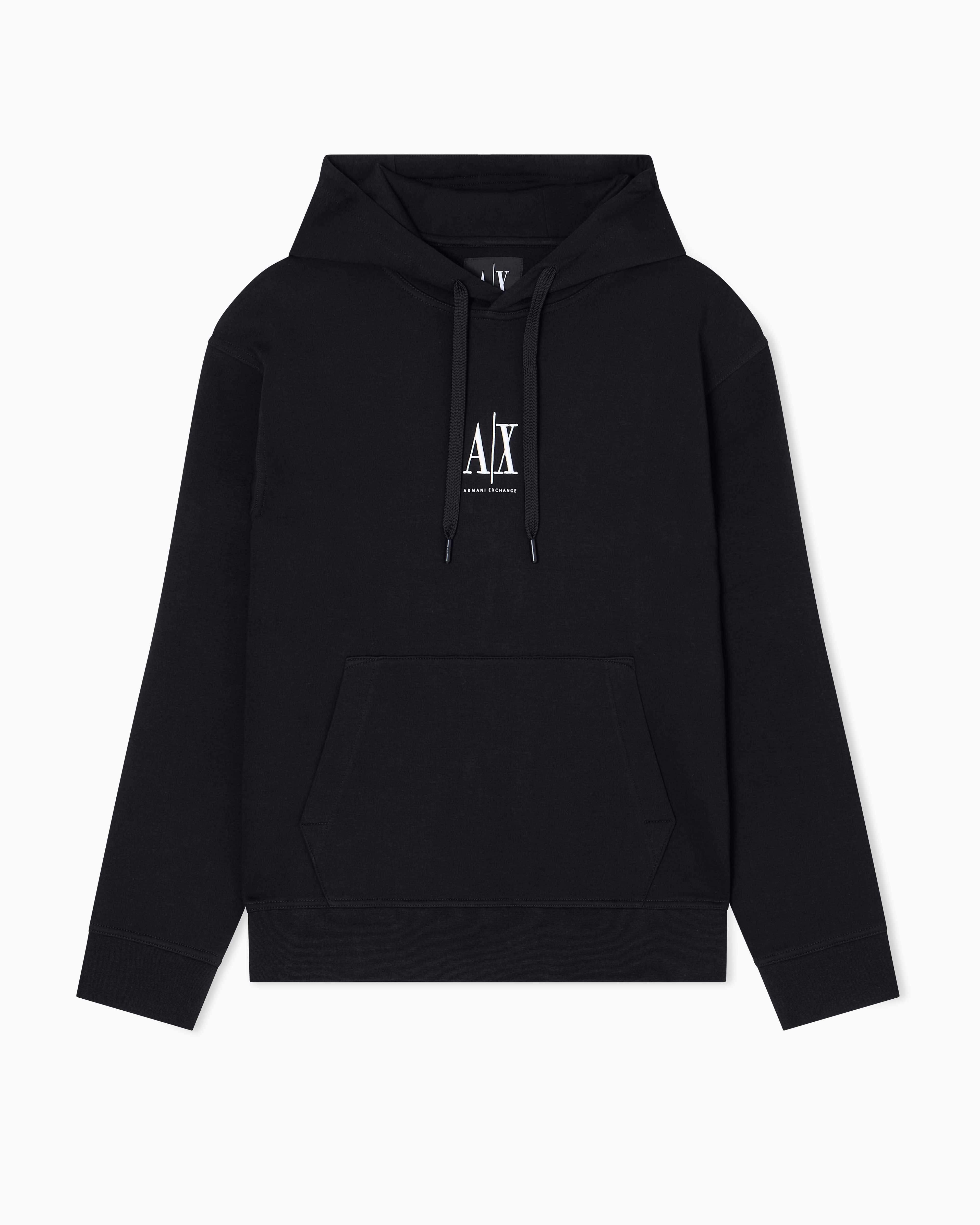 Armani Exchange Black Crew Neck Hoodie Icon In Bonded Stretch Cotton With Logo