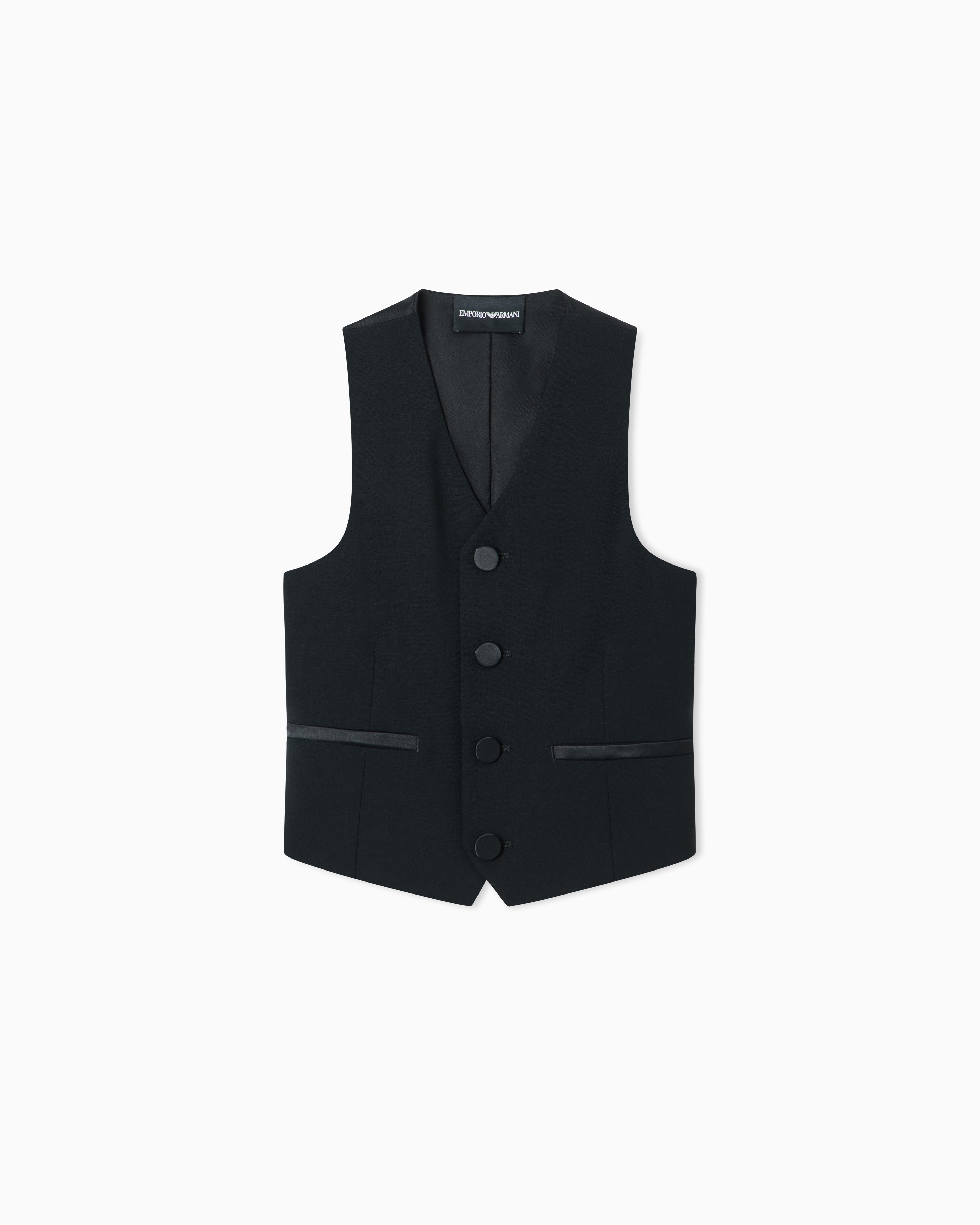 Emporio Armani Gilet Monopetto In Fresco Lana Con Dettagli In Satin