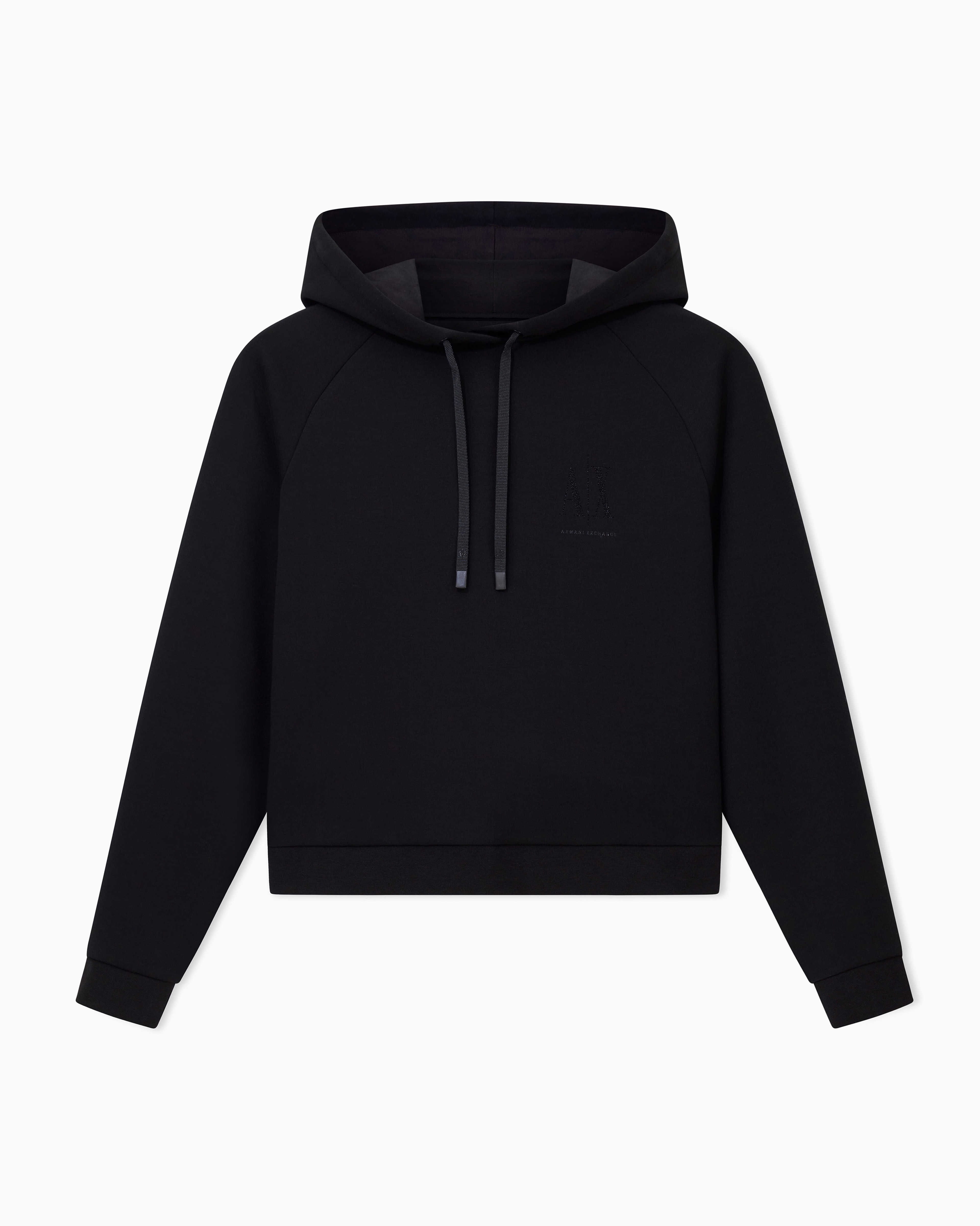 Armani Exchange Black Logo Hoodie In Stretch Scuba With Glitter Icon Studs