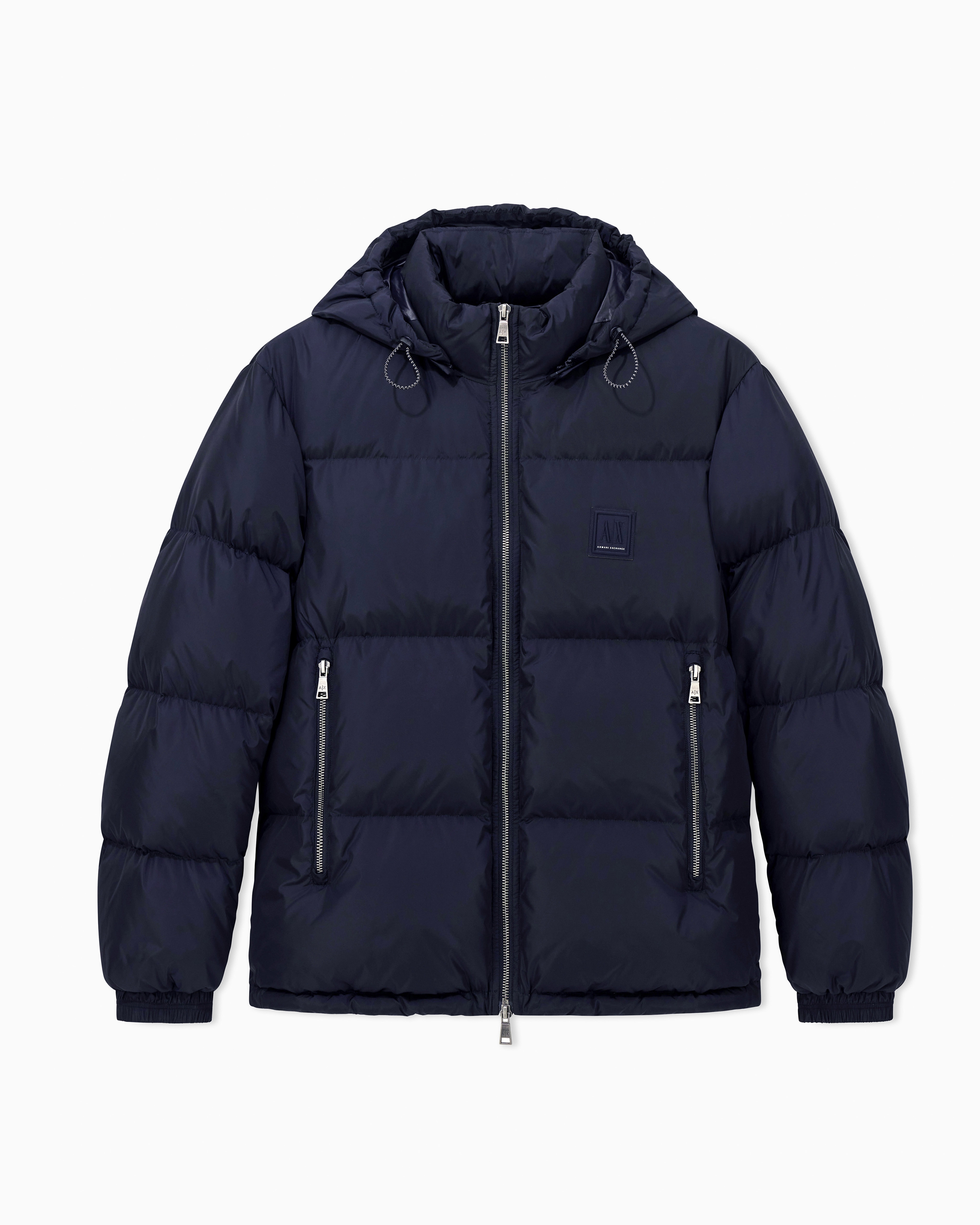 Armani Exchange Navy Blue Hooded Down Jacket With An Ultralight Quilted Design Icon