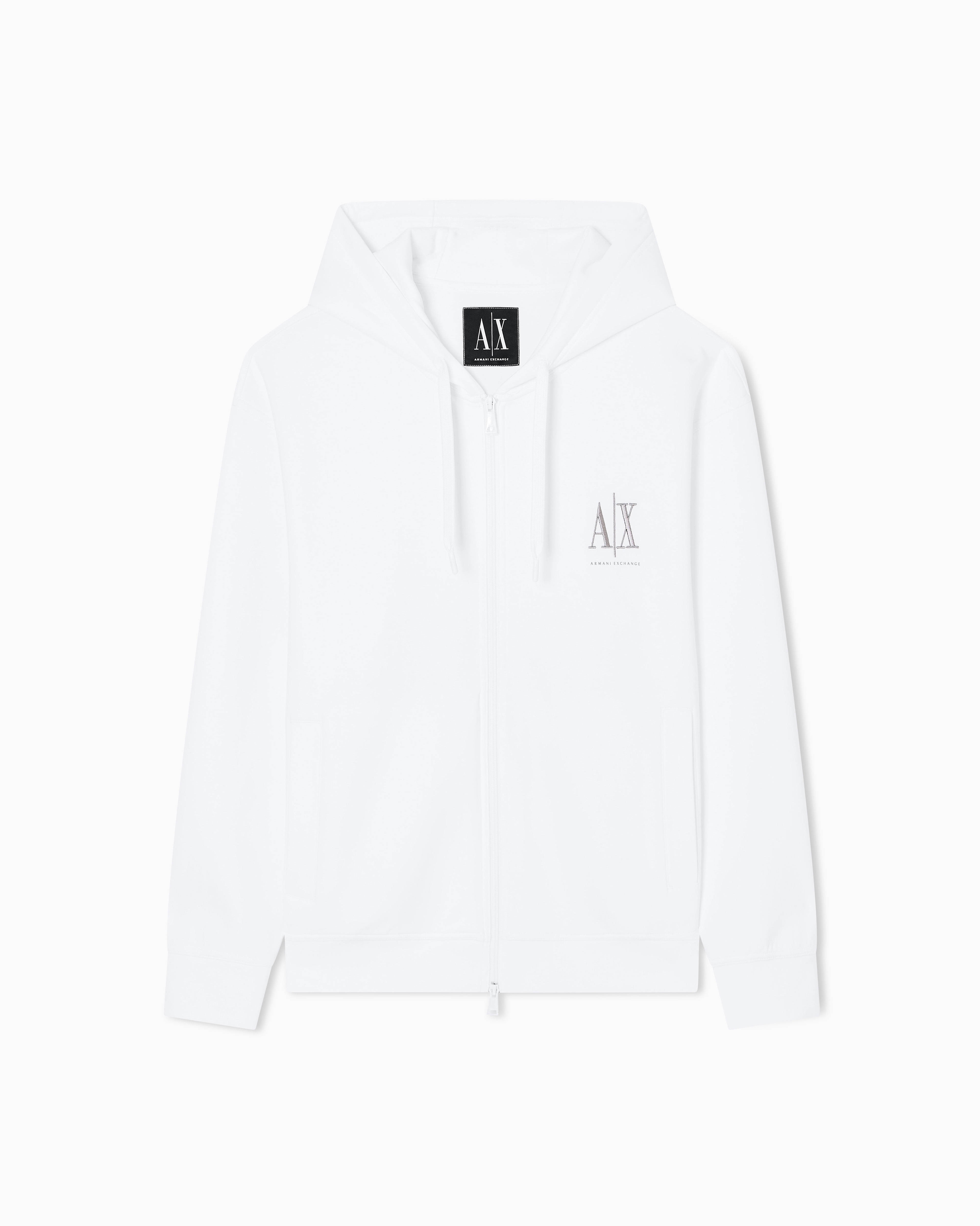 Armani Exchange Men's White Logo Hoodie Icon In Stretch Cotton With Front Zip