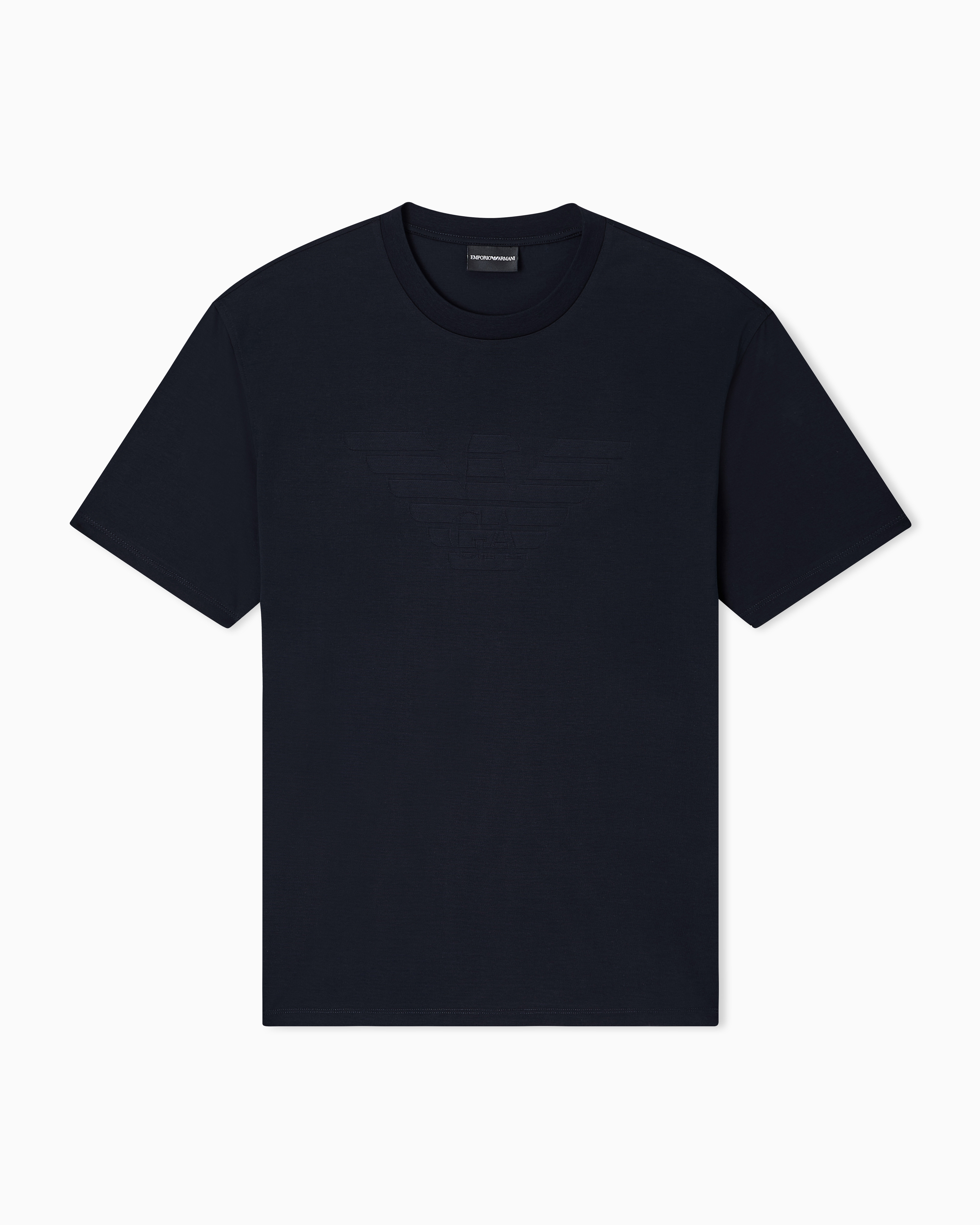 Emporio Armani Navy Blue Intarsia Jersey T-Shirt In Pure Cotton With Logo Essential