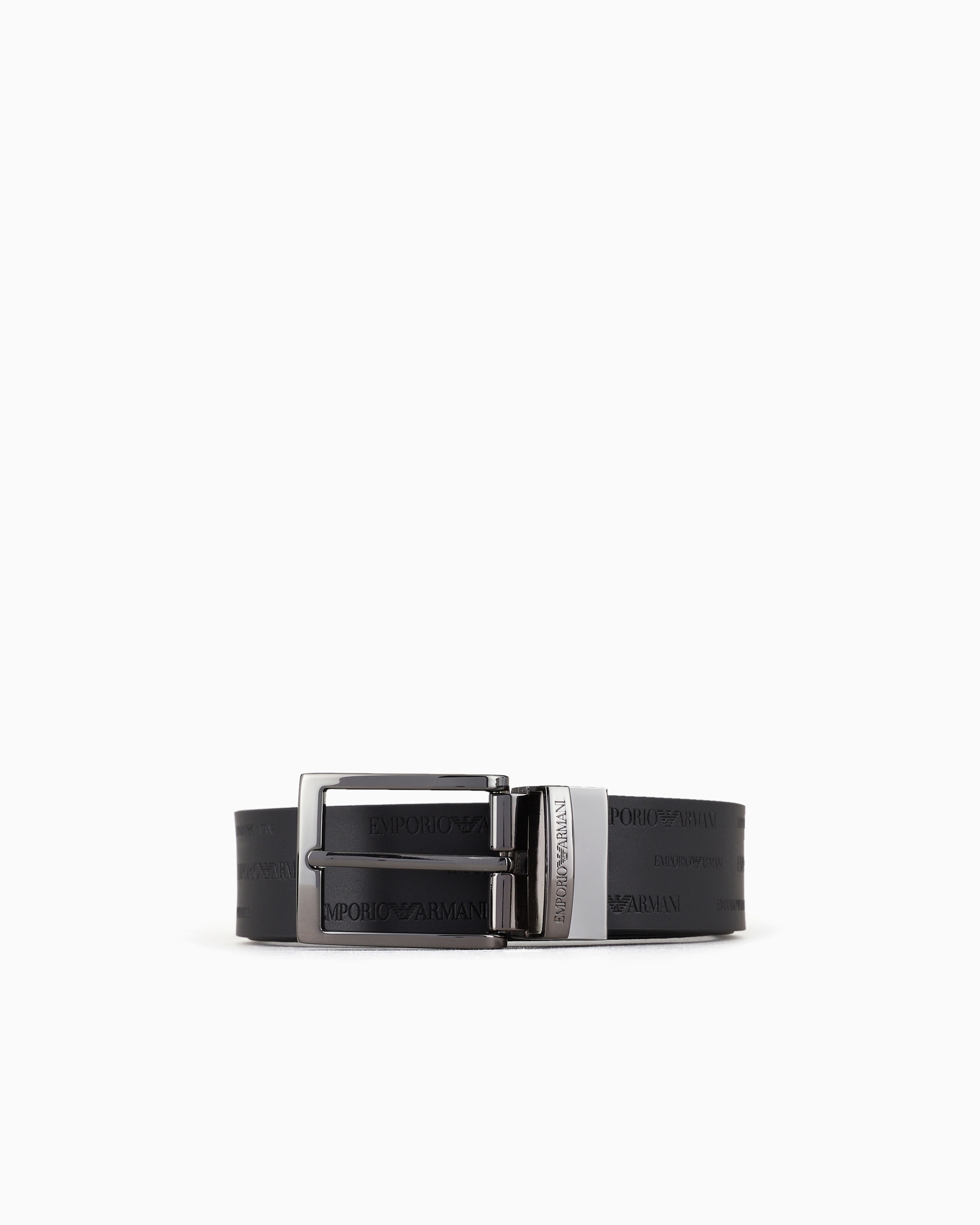 Emporio Armani Men's Black Reversible Leather Belt With All-Over Embossed Lettering