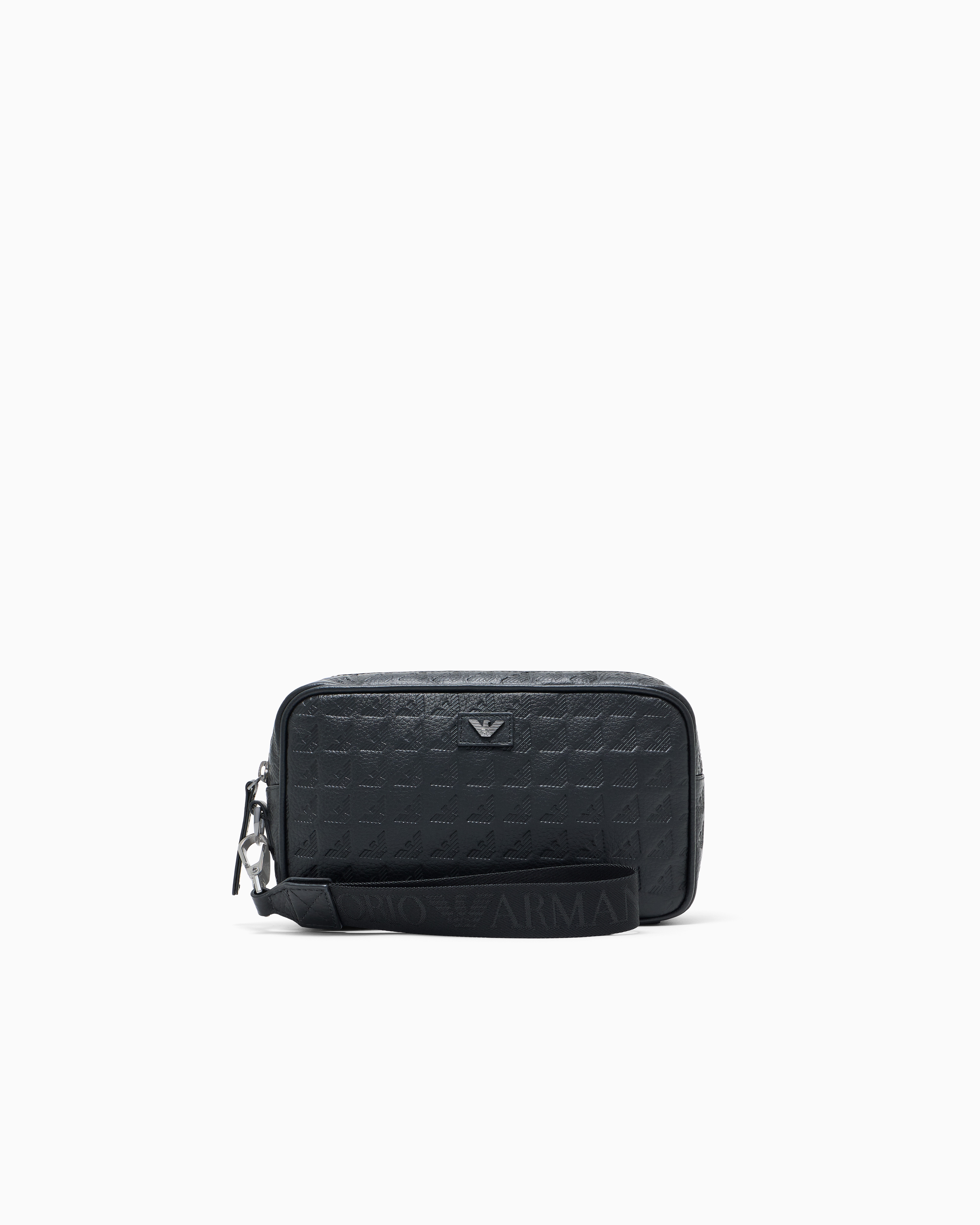 Emporio Armani Black Leather Washbag With All-Over Embossed Eagle