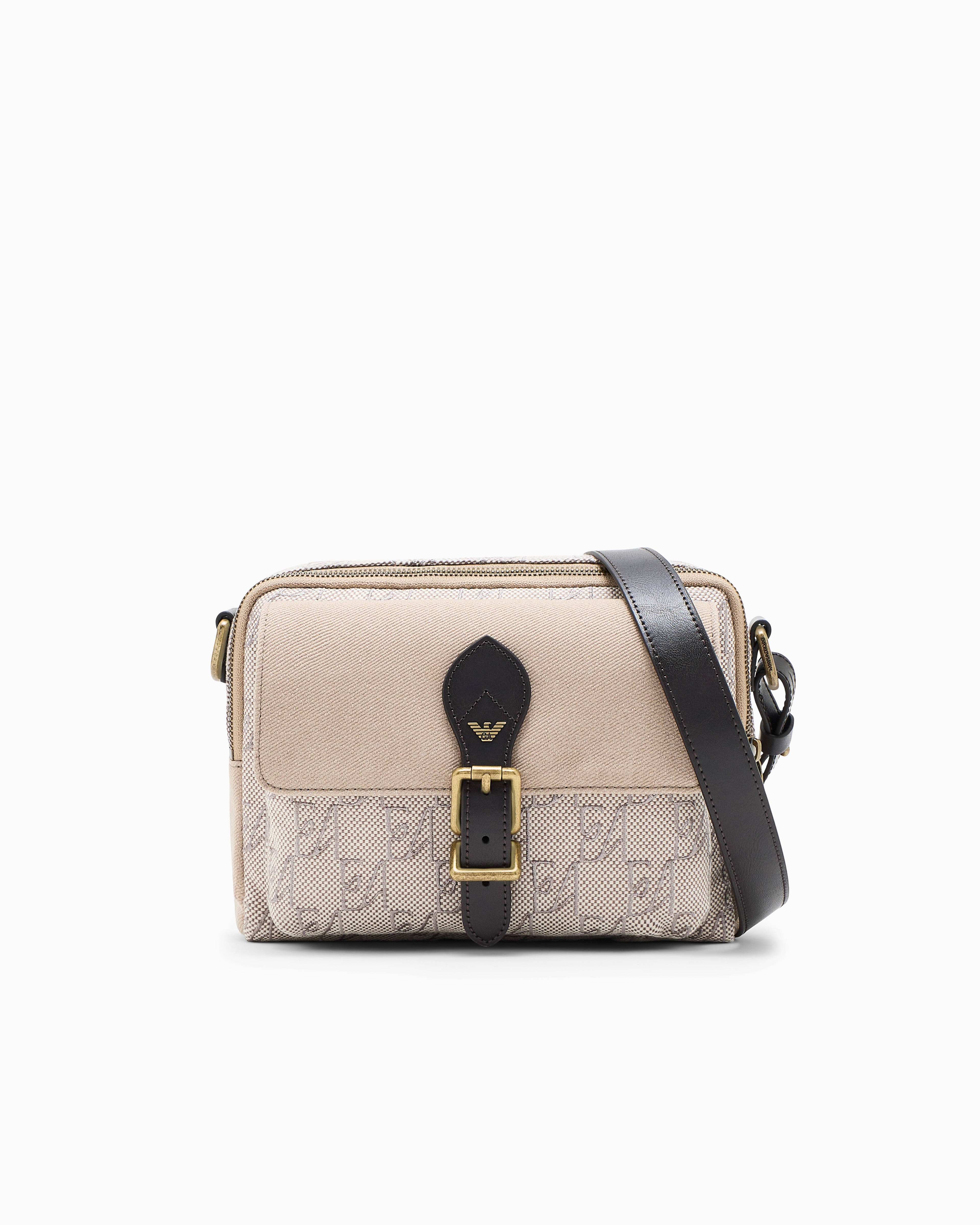 Emporio Armani Beige Crossbody Bag In Cotton With Monogram Pattern And Buckle