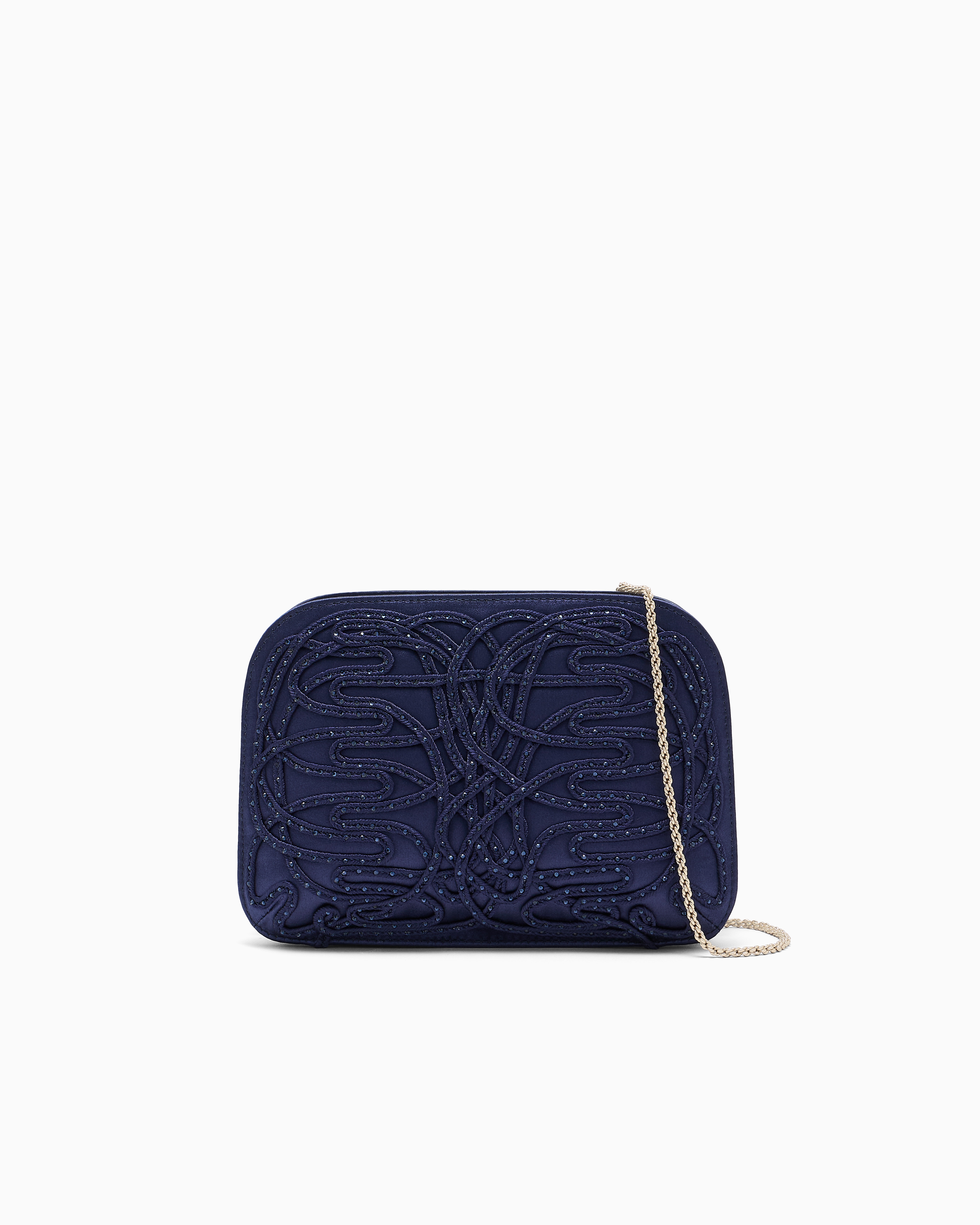 Giorgio Armani Navy Blue Clutch La Prima In Satin With Soutage And Rhinestones