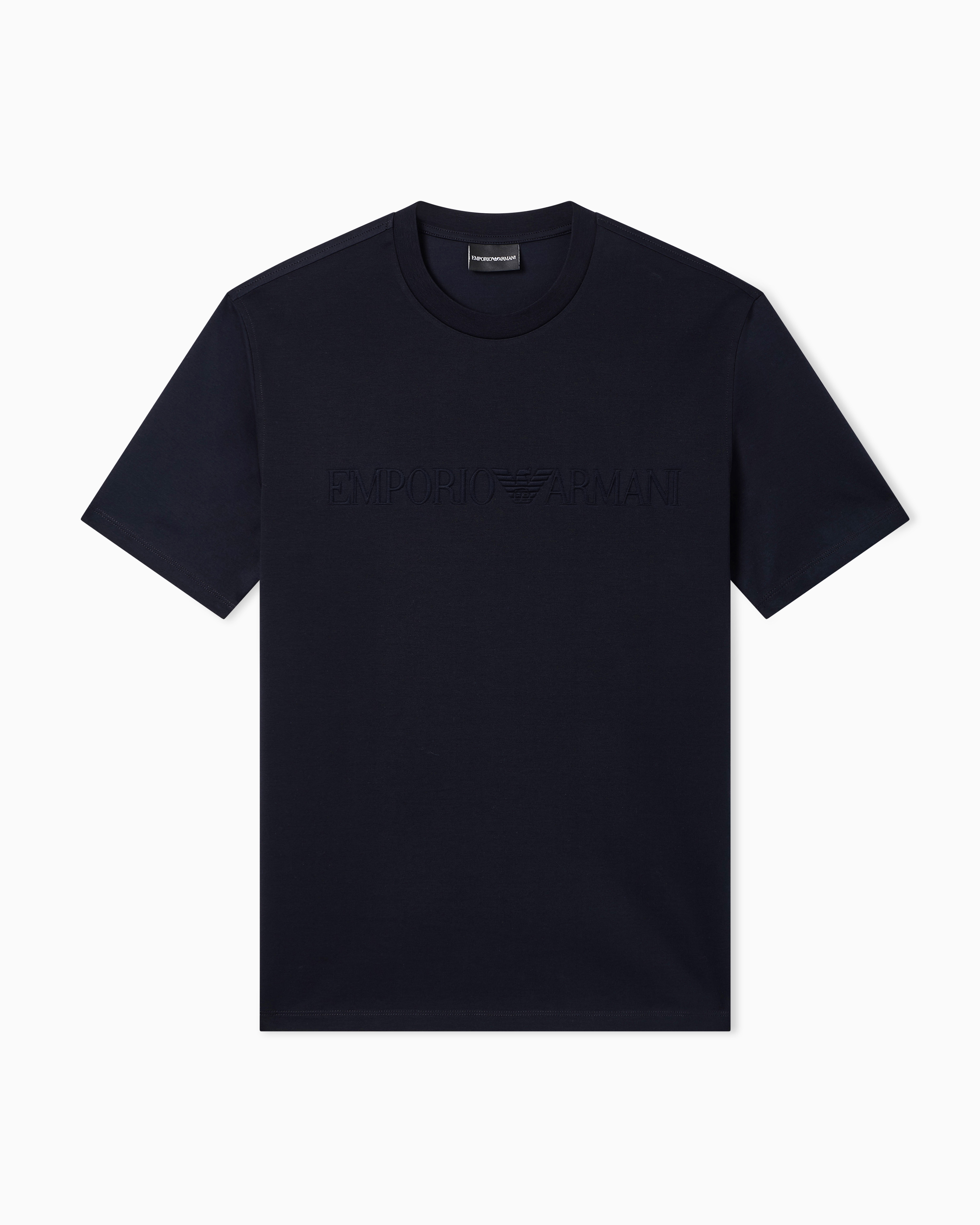 Emporio Armani Navy Blue Intarsia Jersey T-Shirt In Pure Cotton With Logo Essential