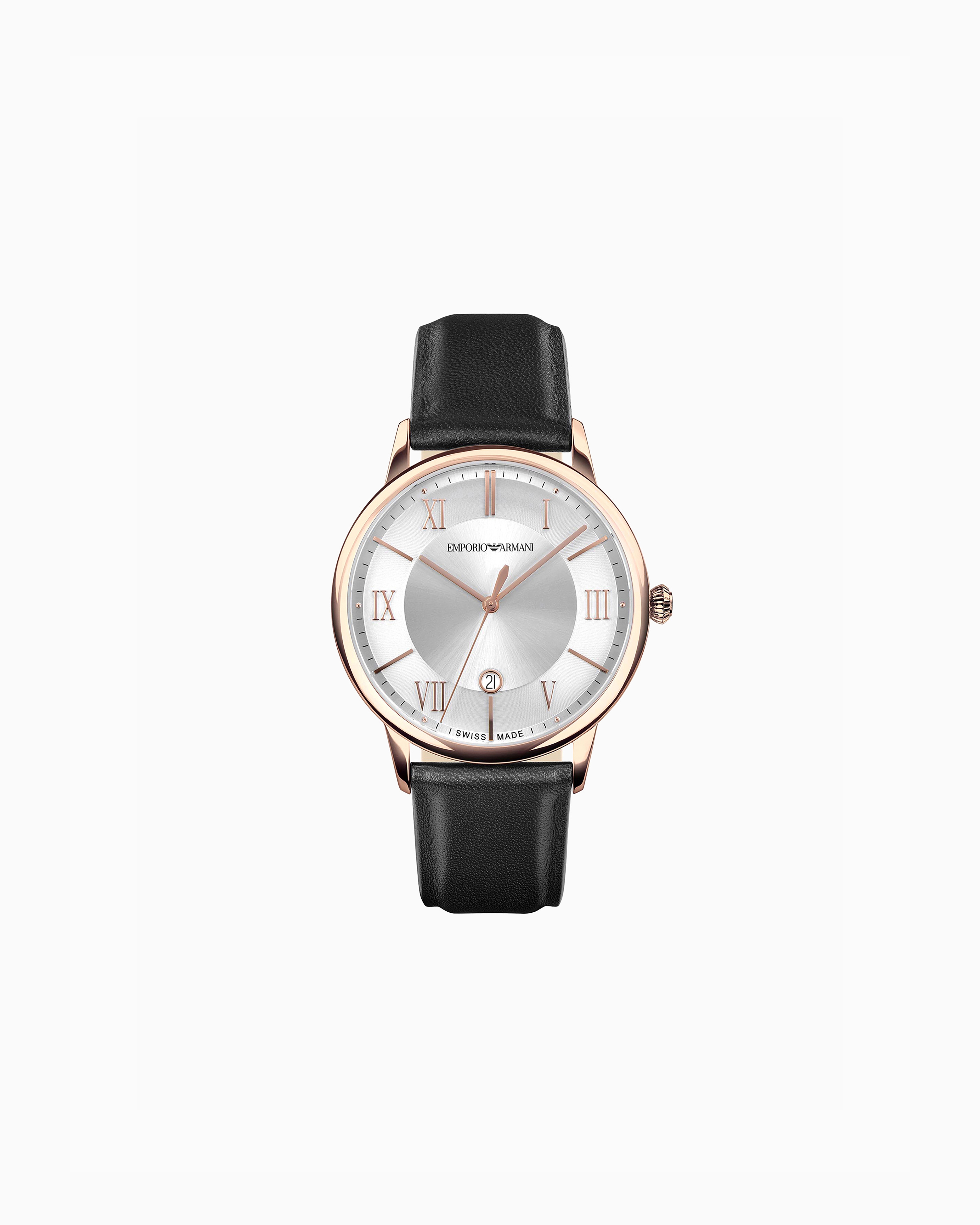 Swiss Made Three-Hand Date Black Leather Watch | Emporio Armani