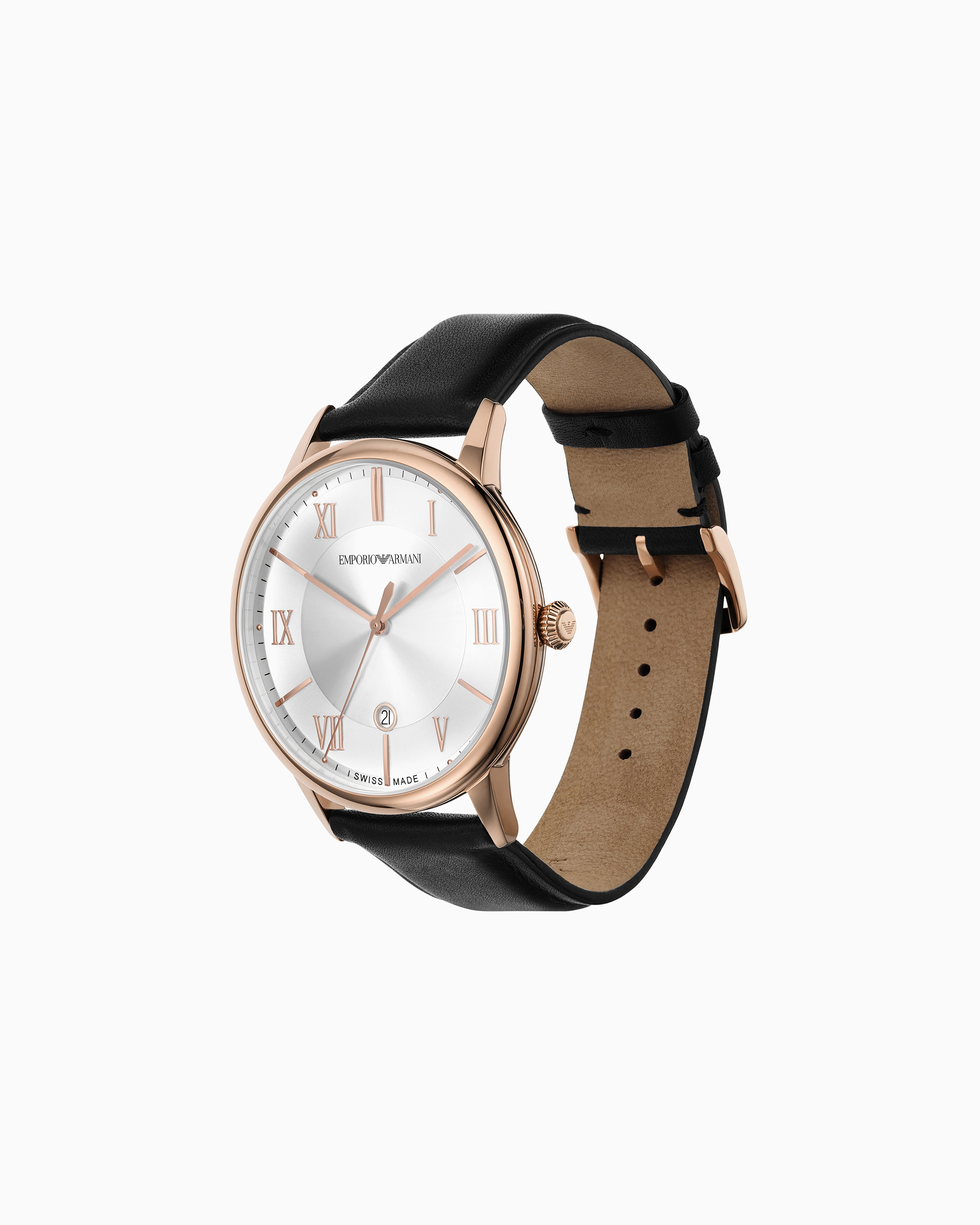 Swiss Made Three-Hand Date Black Leather Watch | Emporio Armani