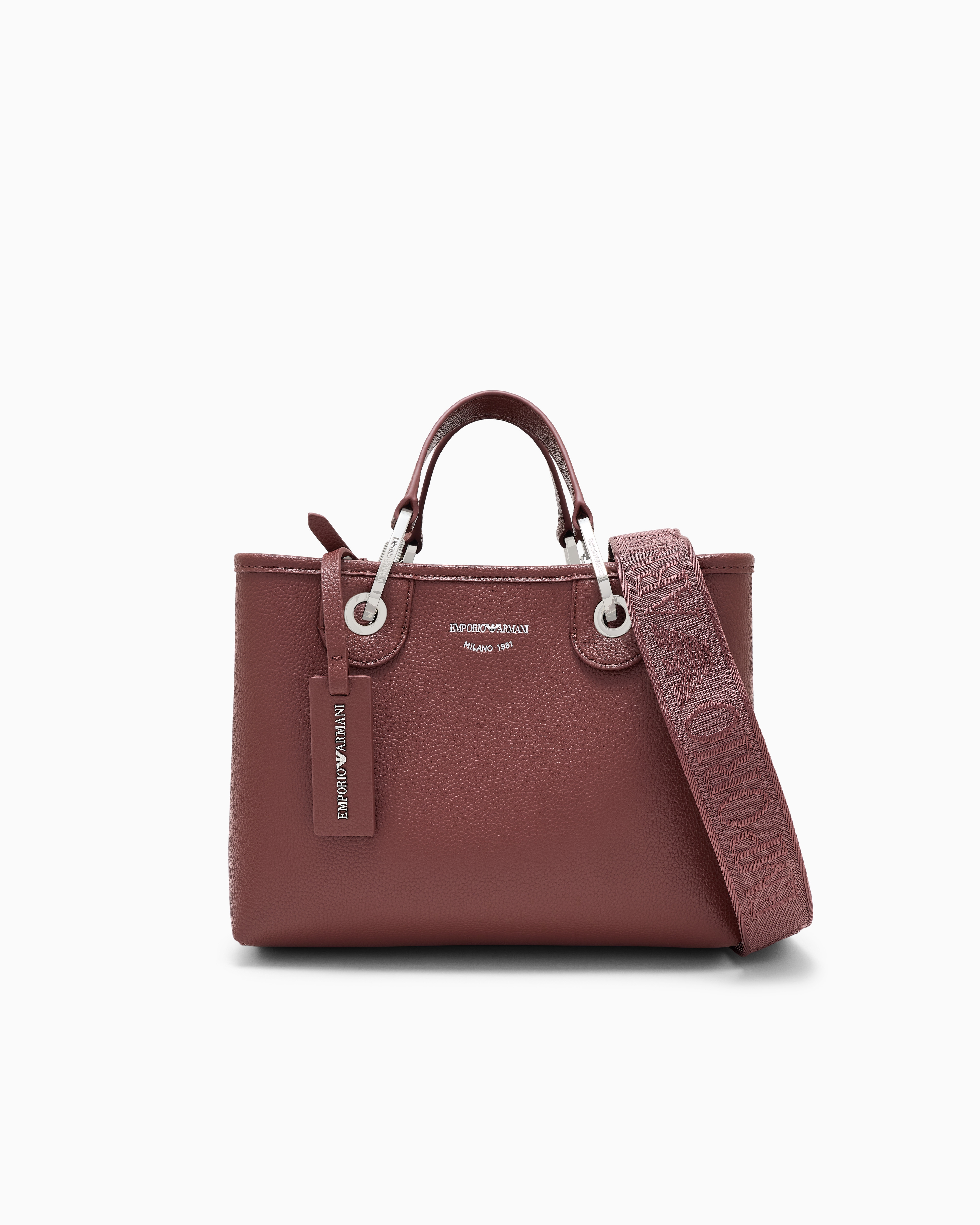Emporio Armani Burgundy Shopping Bag With Pebbled Finish And Detachable Strap