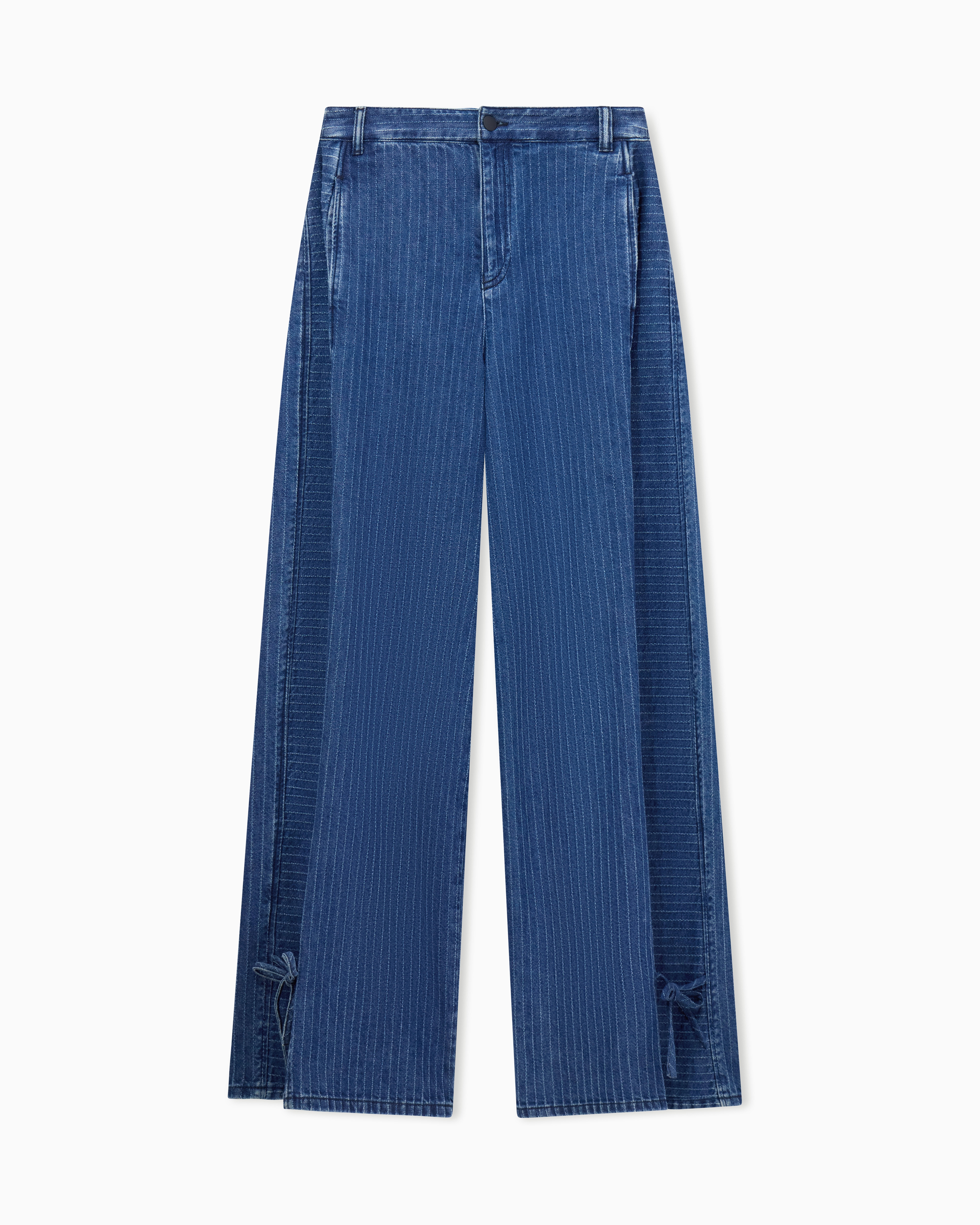 Emporio Armani Blue Five-Pocket Pinstriped Denim Pants With Side Bows