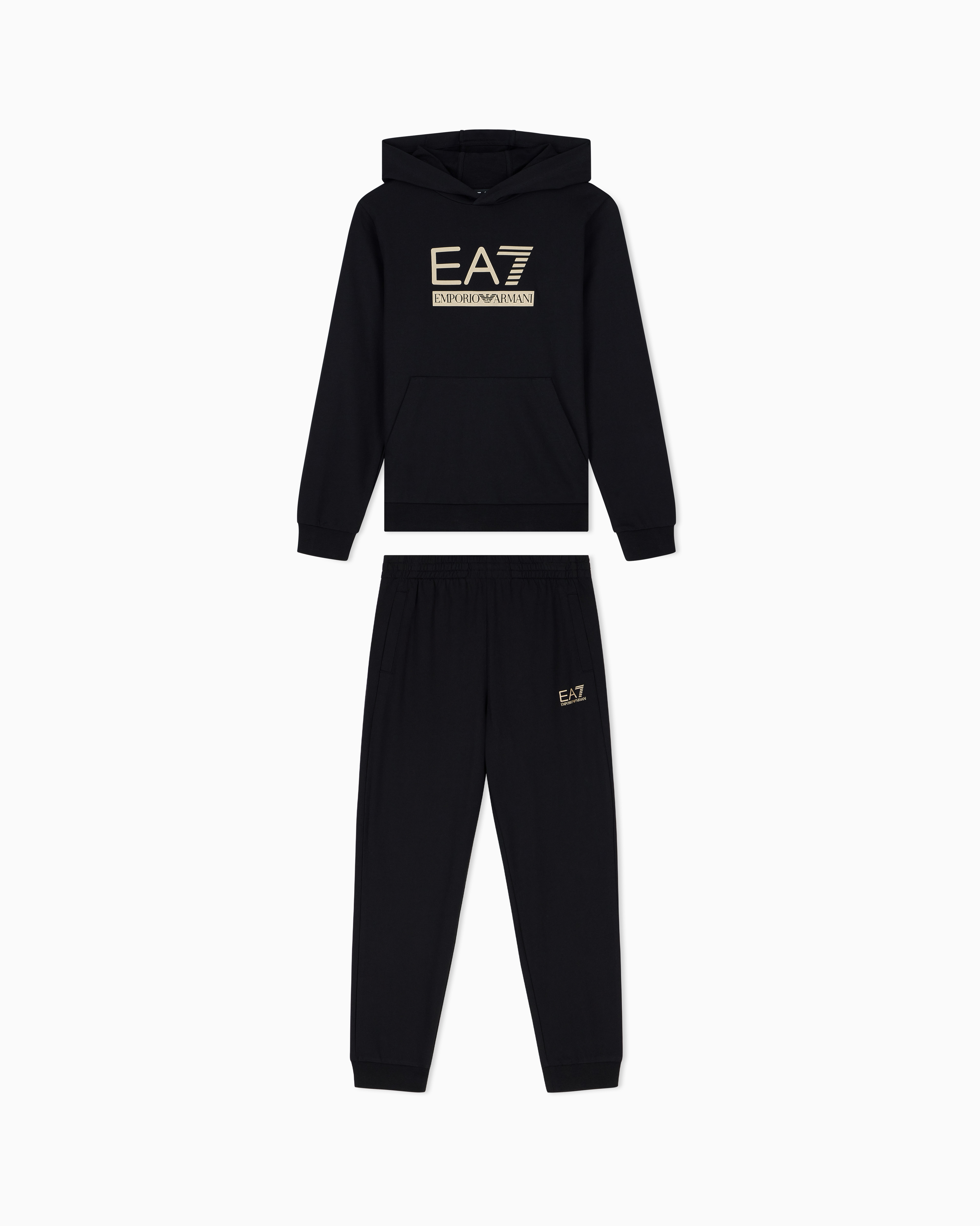 Ea7 Boys Black Tracksuit Visibility Regular Fit Hooded In Cotton Jersey