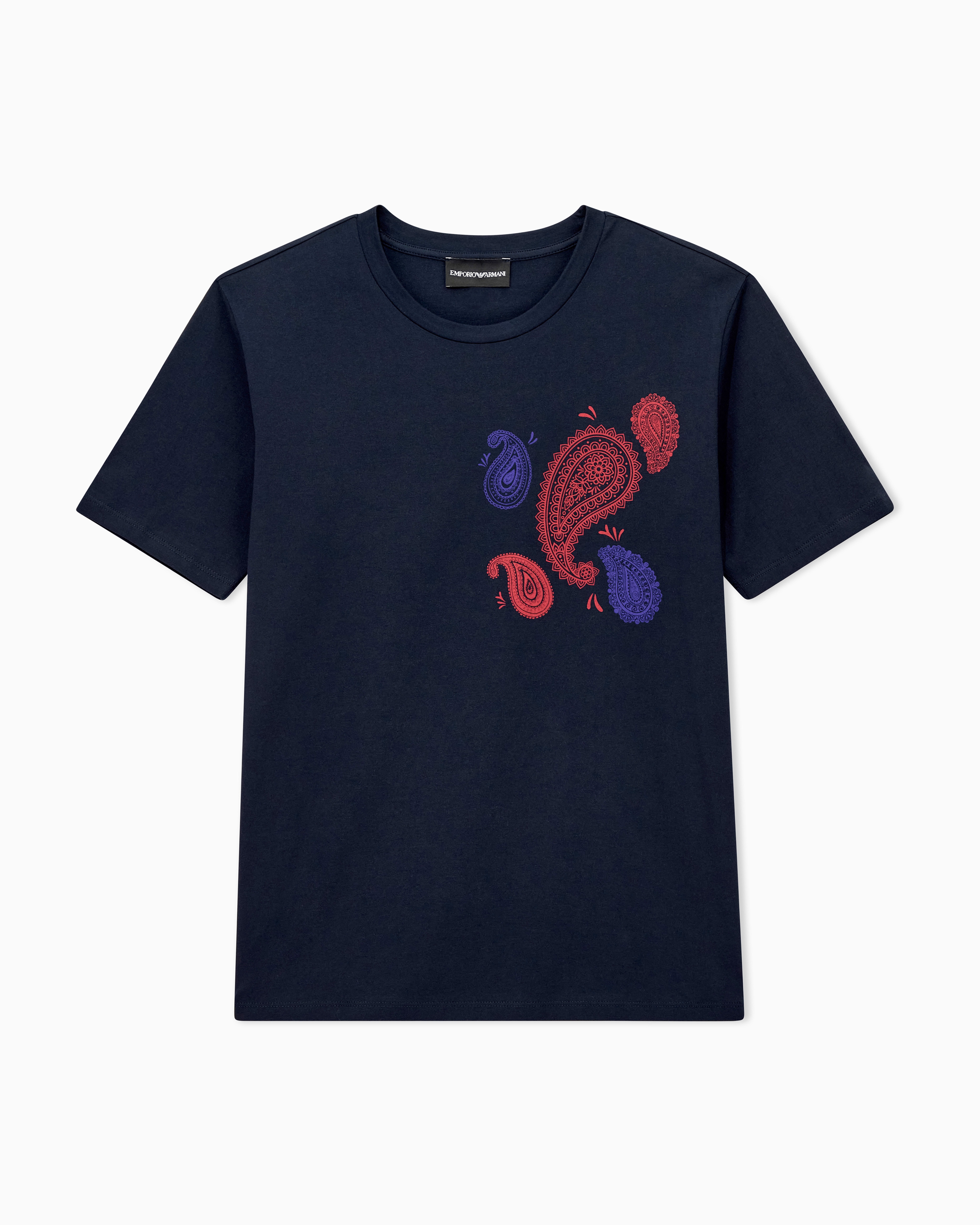 Emporio Armani Navy Blue Jersey T-Shirt With Boteh Capsule Print