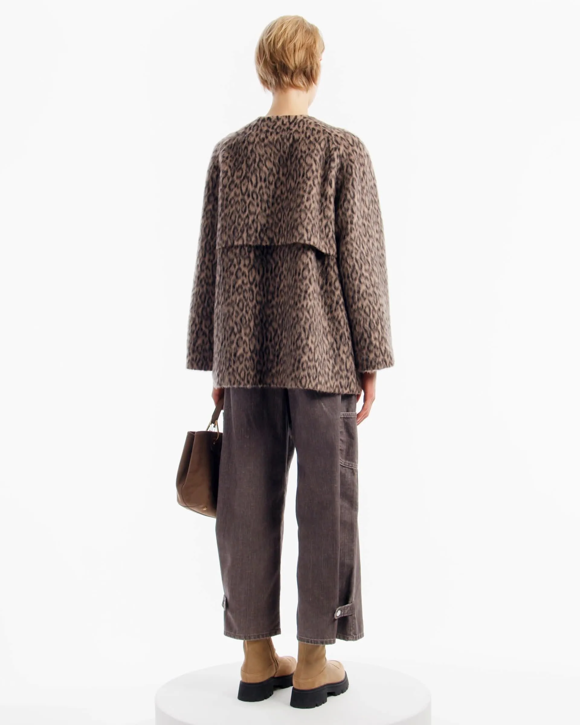 ダブルブレストピーコート ウール混紡 アニマルプリント