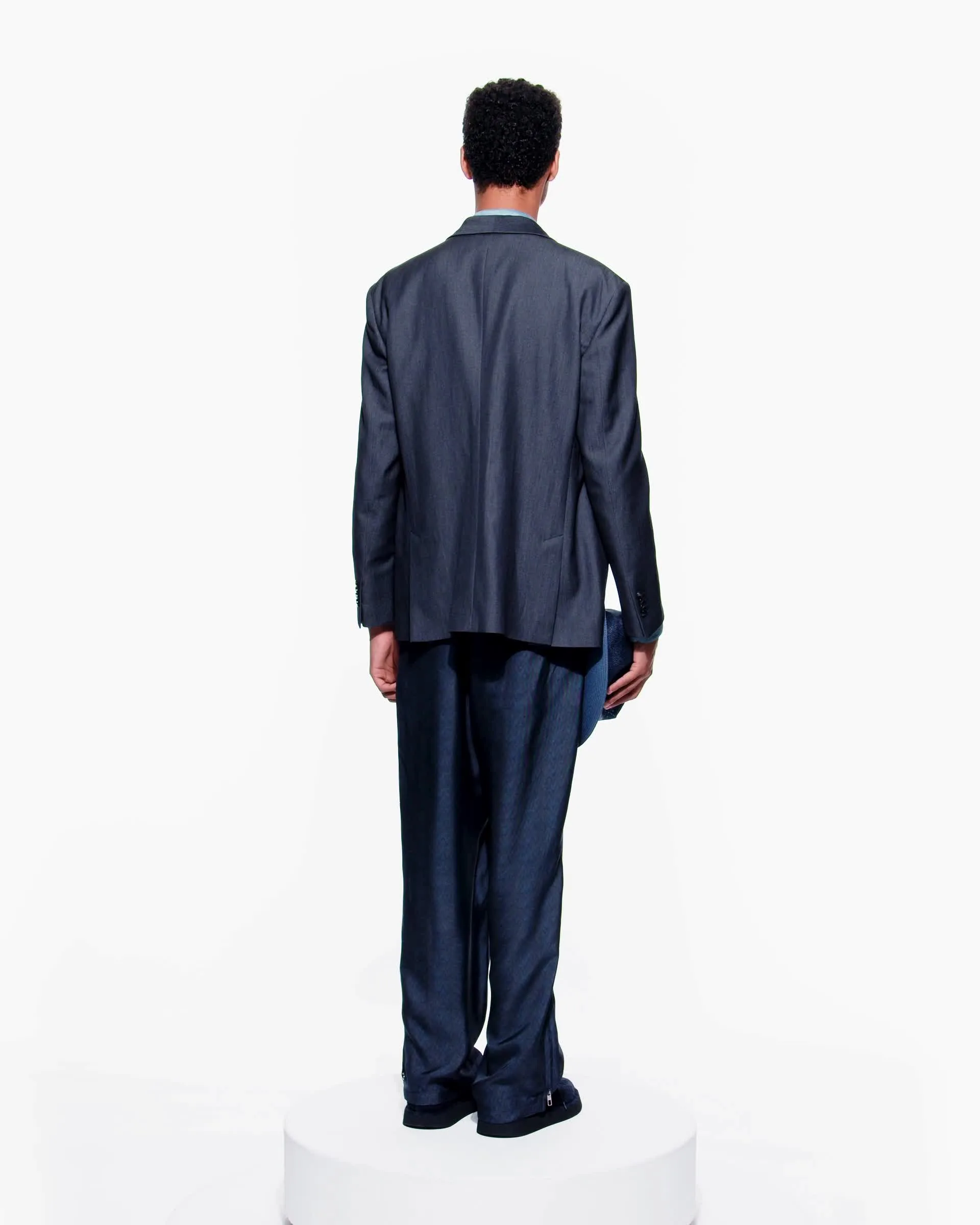 Single-breasted jacket in denim-effect virgin wool, abaca and silk